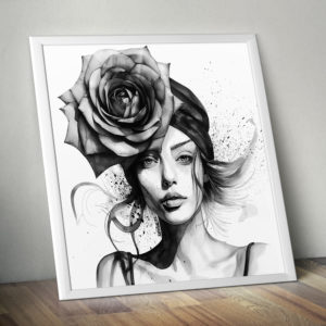 Aquarelle femme avec une rose géante sur la tête