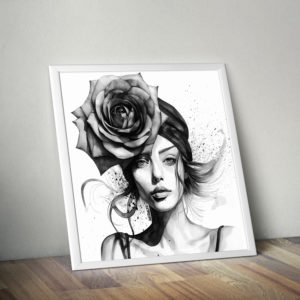 Aquarelle femme avec une rose géante sur la tête
