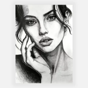 Portrait au crayon d’une femme, noir et blanc, gros plan sur le visage et la main, regard intense, dessin au graphite.