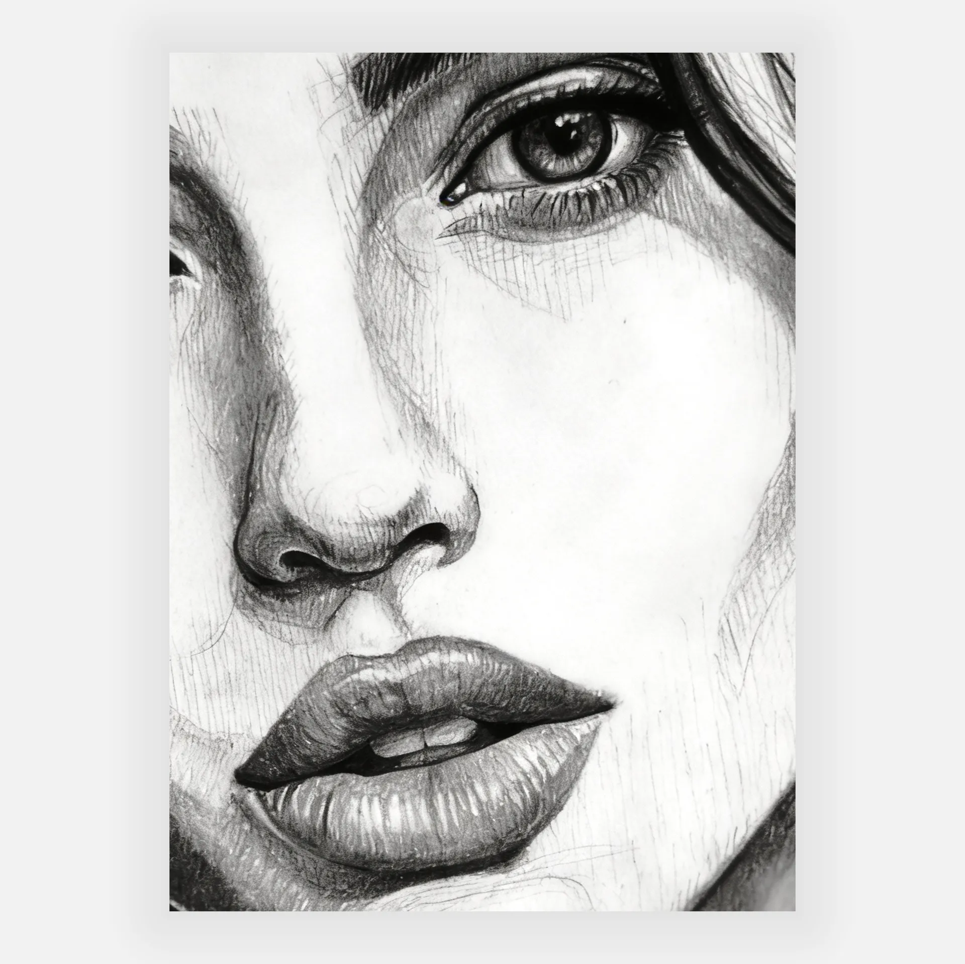 Portrait au crayon d’une femme, noir et blanc, gros plan sur le visage et la main, regard intense, dessin au graphite.