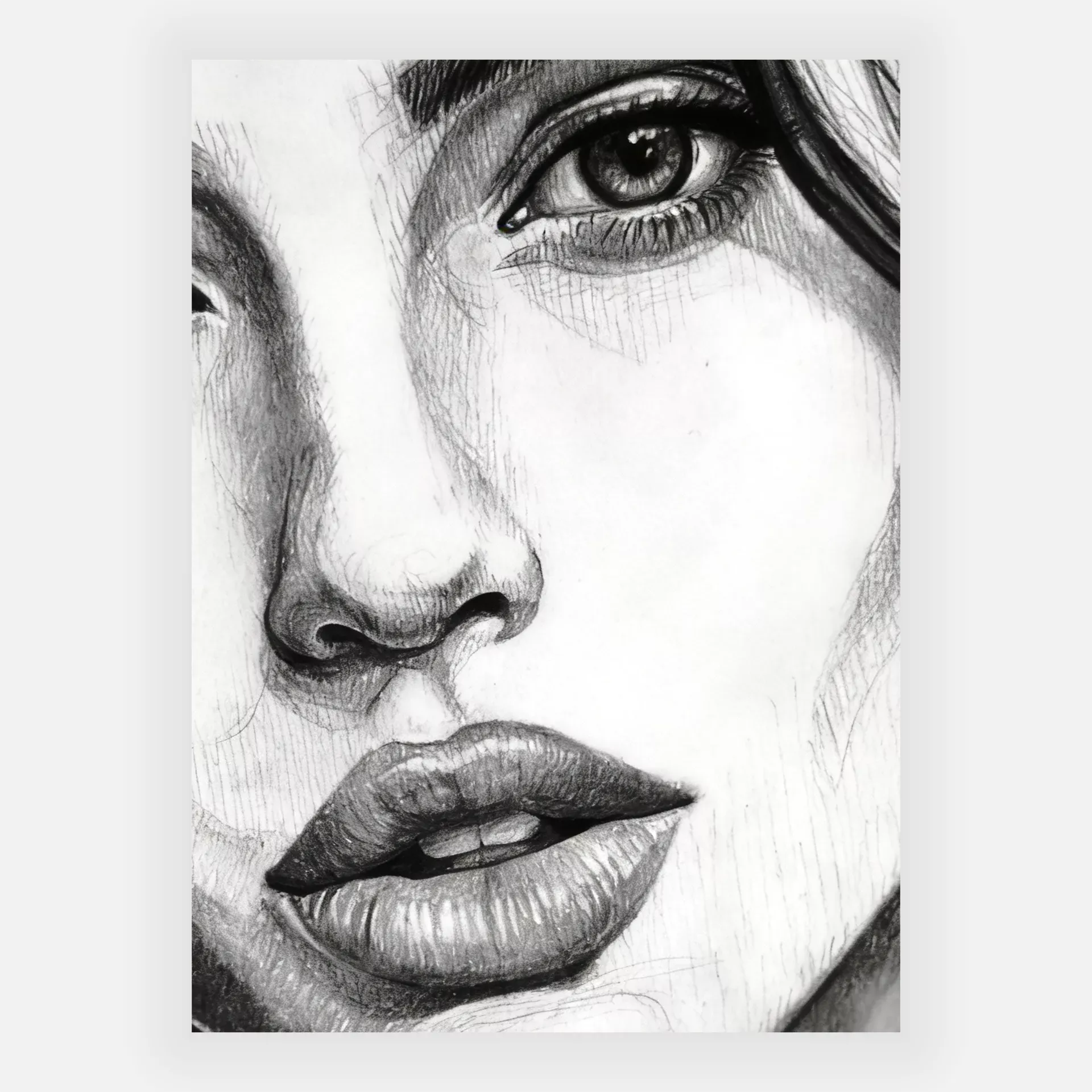 Portrait au crayon d’une femme, noir et blanc, gros plan sur le visage et la main, regard intense, dessin au graphite.